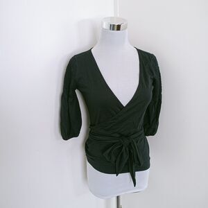 THEORY Wrap Around Blouse Top Deep V Neck Smocked 3/4 Sleeves Black Cotton Sz 0